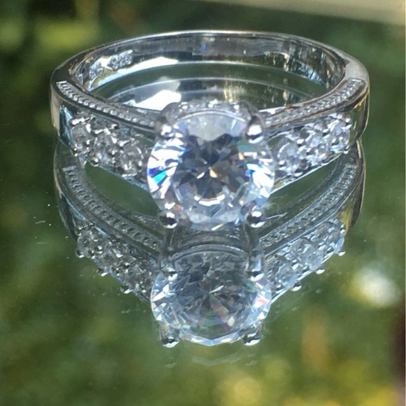 Sterling Silver Solitaire With Accents Cubic Zirconia Engagement Ring, Size 9 - Picture 7 of 11